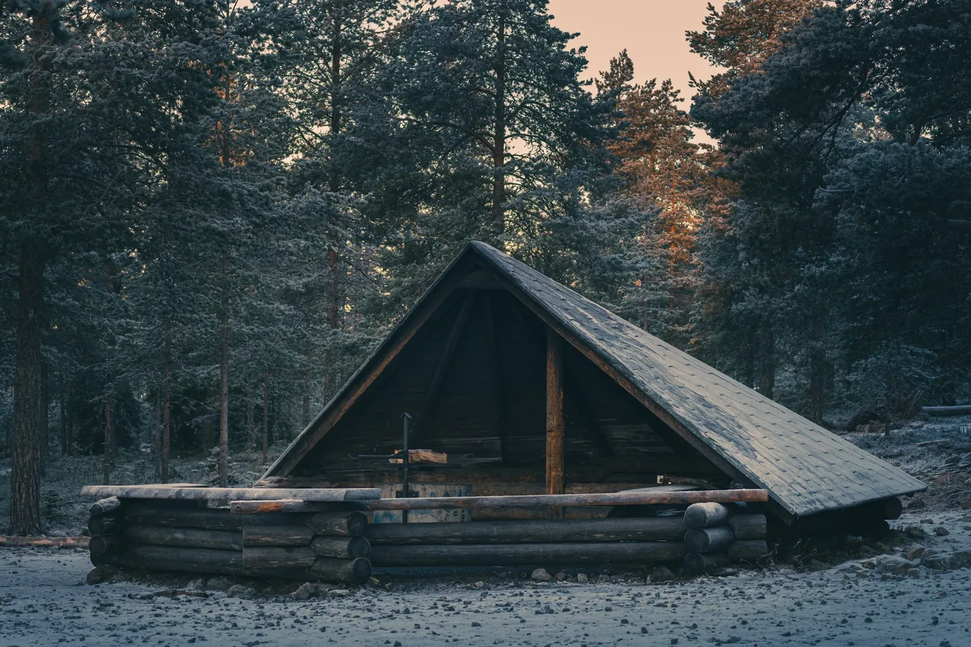 Open houten schuilhut met een vuurplaats in een berijpt dennenbos