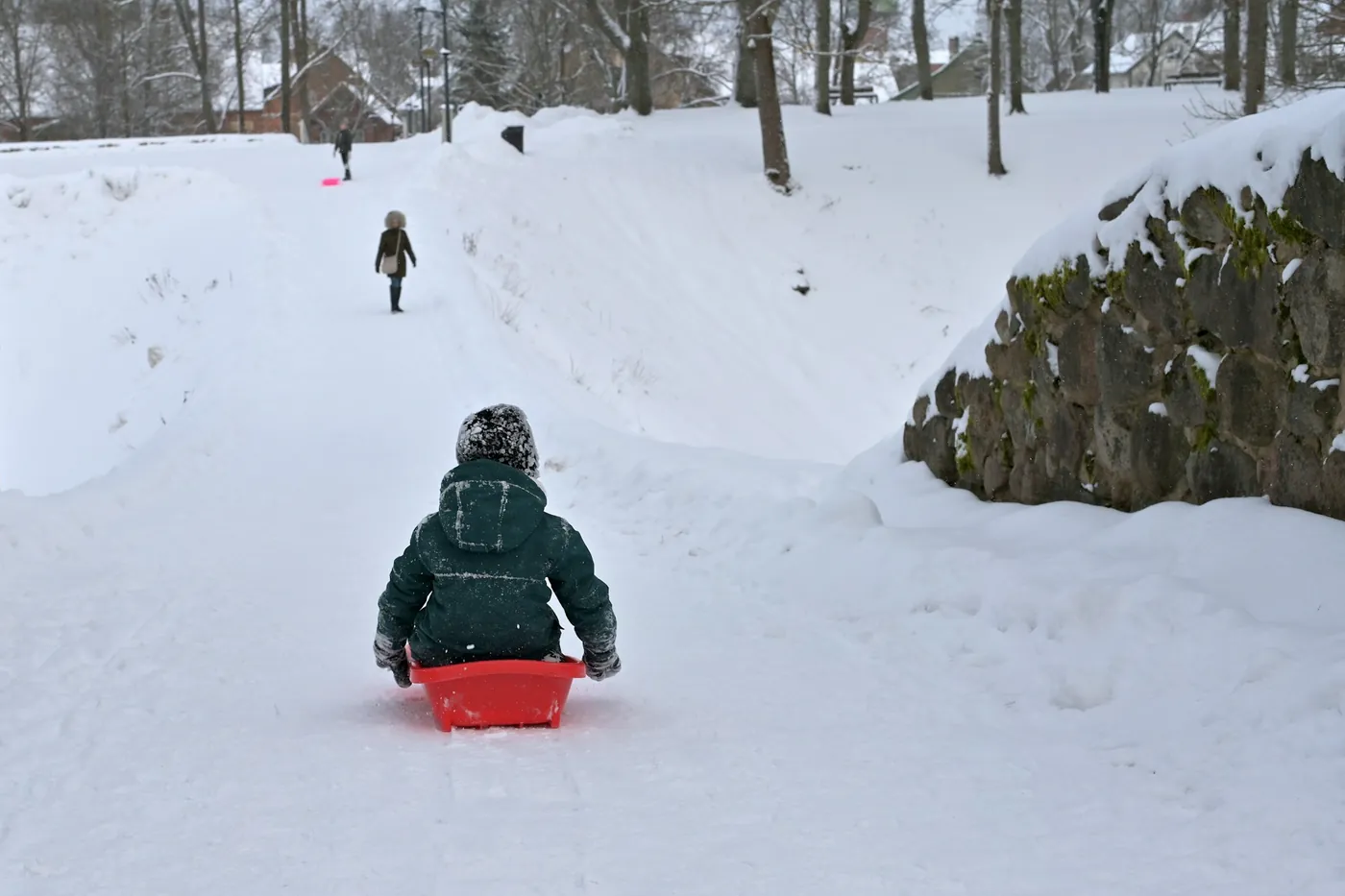Ein Kind von hinten auf einem roten Schlitten auf einem verschneiten Weg